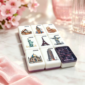 Set di Mahjong a tema viaggi nel mondo, motivo con monumenti simboliche, stampa interna a 4 strati, retro con glitter viola, 36 pezzi #   Piastrelle - Product Image 1