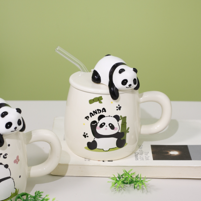 Cute Cartoon Panda Mugs,High Quality Creative Ceramic Cup with Lid and Straw for Coffee, Milk.Best Gifts for Women Girls Kids.