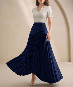 <span class=keywords><strong>Jupe</strong></span> longue plissée asymétrique <span class=keywords><strong>bleu</strong></span> <span class=keywords><strong>marine</strong></span> pour <span class=keywords><strong>femme</strong></span> avec panneau de taille et poche, taille haute, élégante, pour le bureau ou décontractée - Product Image 3
