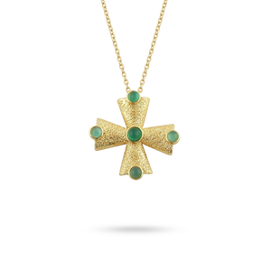 Collar de latón con colgante de cruz texturizado chapado en oro y gema de ónix verde redonda, joyería religiosa de moda para mujer - Product Image 1