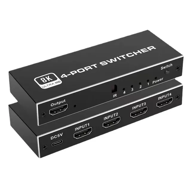 Hardrock 8K Switcher 4 Input 1 Output HDMI2.1 8K60Hz Metal WS-C-0401H8 Front Panel Buttons Remote Control Home Theater