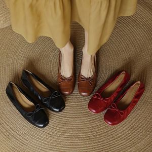 Ballet Flats Genuine Leather Round Toe Slip-On Solid Color Bow Decoration Spring Women's <b>Shoes</b> - Product Image 1