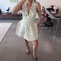 Robe de soirée sexy pour femme à pois, col en V profond, sans manches, à bretelles, coupe trapèze, taille haute, ajustée, en polyester