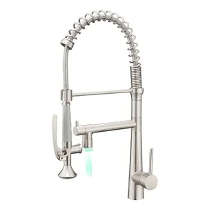 Chinese supplier double pole water outlet LED light spring kitchen faucet