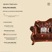 Sofá de Tres Plazas en Forma de U de Cuero Genuino Estilo Europeo, Combinación 123, Estilo Americano, Color Oscuro, Tallado Vintage para Salas de Estar