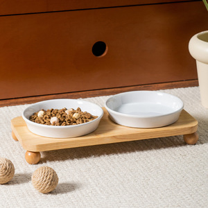 Minimalist style slanted round plate with <b>oak</b> bowl stand to prevent tipping, ceramic pet bowl, cat bowl, dog bowl with - Product Image 4