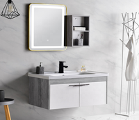 Meuble-lavabo mural flottant moderne gris peint de 80 cm en PVC pour salle de bain, avec vasque en céramique – Prix abordable