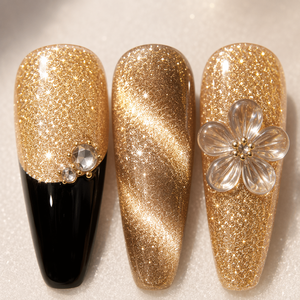 Faux ongles à presser dorés scintillants en ABS, extensions d'ongles artificiels, forme amande carrée, style aléatoire pour salon et soirées - Product Image 2