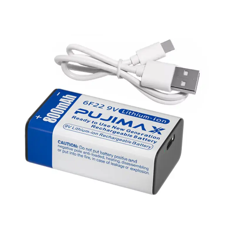 PUJIMAX 1 PCS 9V Tipo C Bateria Recarregável 800mAh USB Bateria de íon de lítio para multímetros detectores de fumaça com cabo de carregamento