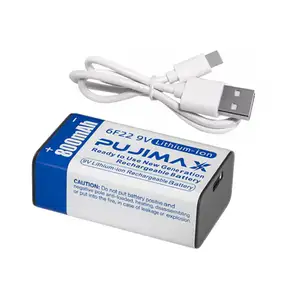 Pujimax 1pcs 9V loại C có thể sạc lại pin 800mAh USB Lithium Ion pin cho vạn năng Máy dò khói với sạc cáp