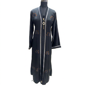 Abaya noire brodée florale respirante et lavable, col en V, longueur ras du sol, robe de soirée modeste, manches longues, tenue formelle islamique pour femme - Product Image 1