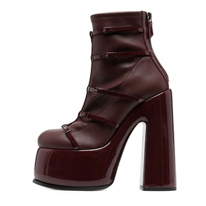 Wine Red Super High Platform Women <b>Block</b> Heels Shoes Belt Buckles Woman Short Ankle Boots Round Toe Thick Sole Booties - Product Image 1
