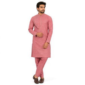 <b>Mens</b> Dusty Pink Cotton <b>Kurta</b> Pajama Set Stylish Thread Work Tassel Detail Indian Traditional Festival Outfit Wholesale B2B - Product Image 1