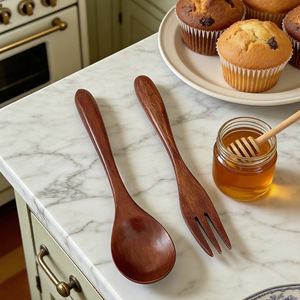 Juego de tenedor y cuchara de madera para bebé, utensilios para servir alimentos sólidos, material de madera natural, estilo japonés. - Product Image 4