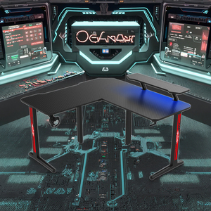 Meja Komputer Gaming hitam kustom profesional, dudukan Monitor LED RGB bentuk <span class=keywords><strong>L</strong></span> dapat diperpanjang reversibel untuk ruang bermain game - Product Image 3