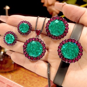 Fashion Eco-friendly Copper Leather Women's <b>Bracelet</b> <b>Set</b> 16-10mm Paraiba Green Cubic Zirconia Vintage Matching Jewelry <b>Set</b> - Product Image 2