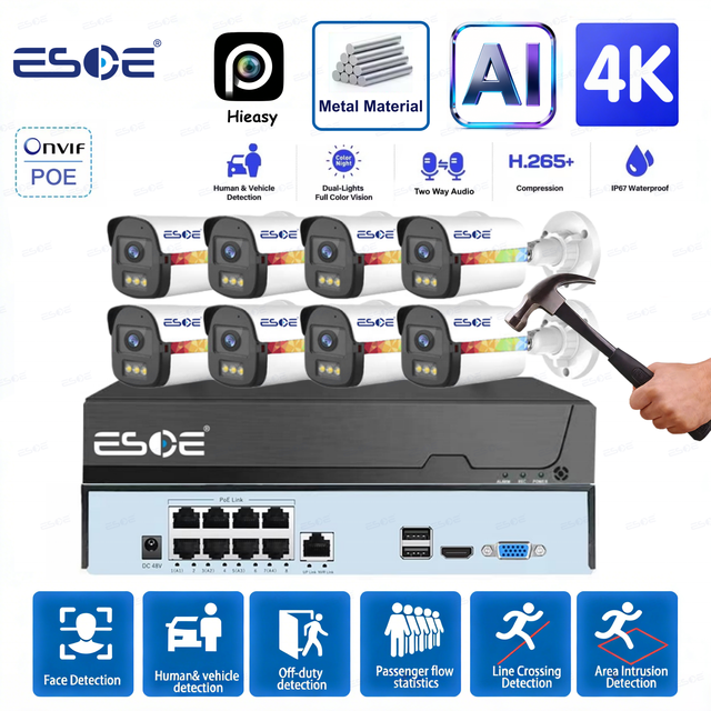 Hieasy IP67 Metal 8Channel 4MP 5MP 8MP AI Face Recognition PoE NVR Kit AI Detection CCTV Camera System 4K Network Video Recorder