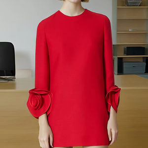 2025 été <span class=keywords><strong>nouvelles</strong></span> femmes à manches longues robe courte Style littéraire français cou en trois dimensions fleur couture taille libre pour le jour - Product Image 1