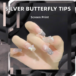 24 pezzi punte per unghie con farfalla lampeggianti in argento con chiusura a stampa completa su unghie finte artificiali Nail Art fai-da-te in stile francese - Product Image 2