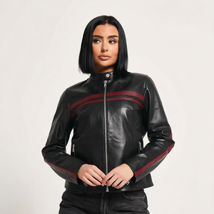 Veste de moto en cuir véritable pour femme, zippée, col montant, style streetwear décontracté, avec empiècements contrastés - Product Image 1