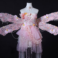 Costume de scène pour fées et anges, fait main, pour adultes, style kit, rose fleuri, court, en polyester