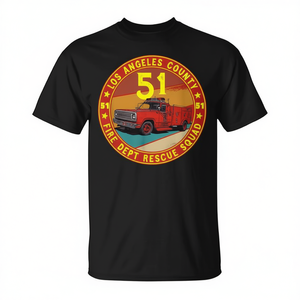 Camiseta del Departamento de Bomberos del Condado de Los Ángeles, Escuadrón de Rescate 51, diseño clásico de camión de emergencia vintage - Product Image 2