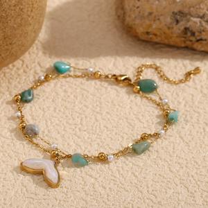 Tobillera OEM con cadena de cuentas turquesa de doble capa cola de ballena piedra Natural chapada en oro 316L joyería de moda de acero inoxidable - Product Image 5