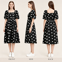 Vestido Midi Negro de Verano para Mujer, Estilo Dulce, Plisado, Transpirable, con Mangas Abullonadas, Cintura Imperio, Puntos Blancos, Cuello Redondo, Diseño Vintage