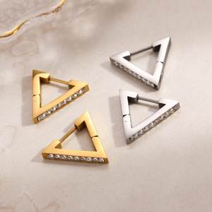 Geometric <b>Clip</b>-<b>on</b> <b>Earrings</b> Gold Plated Stainless Steel With Zircon Channel Setting Triangular Design Fashion Drop <b>Earrings</b> - Product Image 4