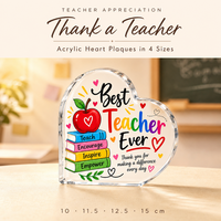 Plaque en acrylique imprimée en forme de cœur avec support, design coloré sur le thème des enseignants, panneau de bureau transparent pour l'affichage sur les étagères de la salle de classe et les bibliothèques