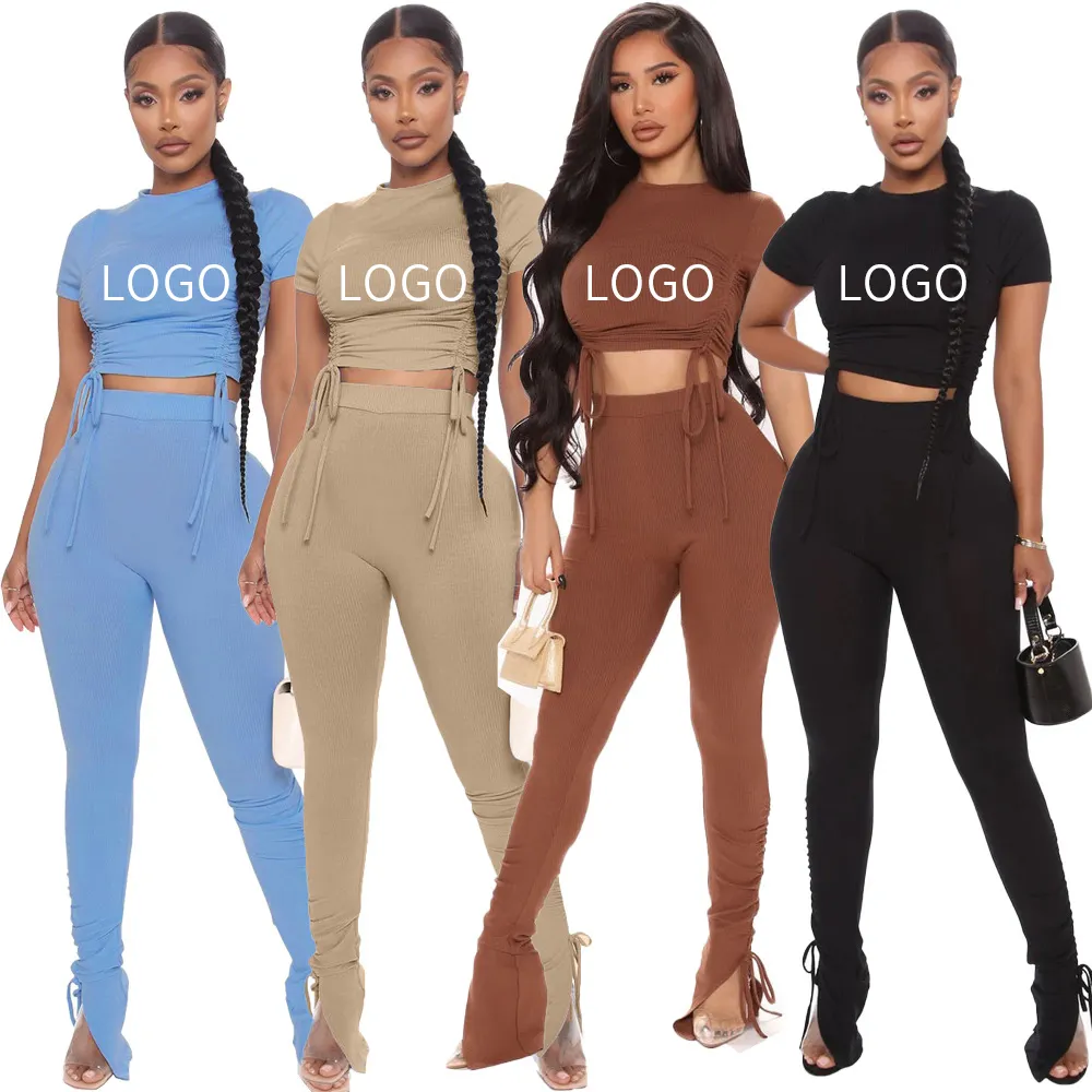 Neon Vrouwen Mode Trendy Crop Top En Broek Solid Custom Logo Tweedelige Set