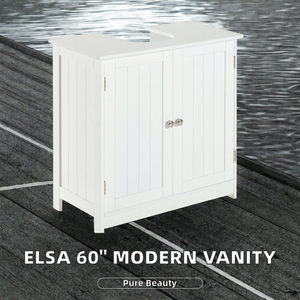 Nouveau meuble-lavabo double vasque en céramique pour salle de bain d'hôtel moderne ELSA de 60 pouces (1500 mm) avec miroir intelligent et éco-responsable, en cuivre, sur pied - Product Image 2