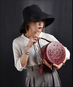 Sac à bandoulière élégant en cuir véritable pour femme 2026, sac à main rond vintage multifonctionnel pour cosmétiques et articles de toilette pour filles - Product Image 3