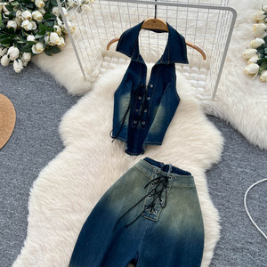 Ensembles Vintage d'Été Femme, Haut Halter Sans Manches à Bandages et Jean Denim Dégradé Taille Haute Slim, Vêtements en Gros - Product Image 2