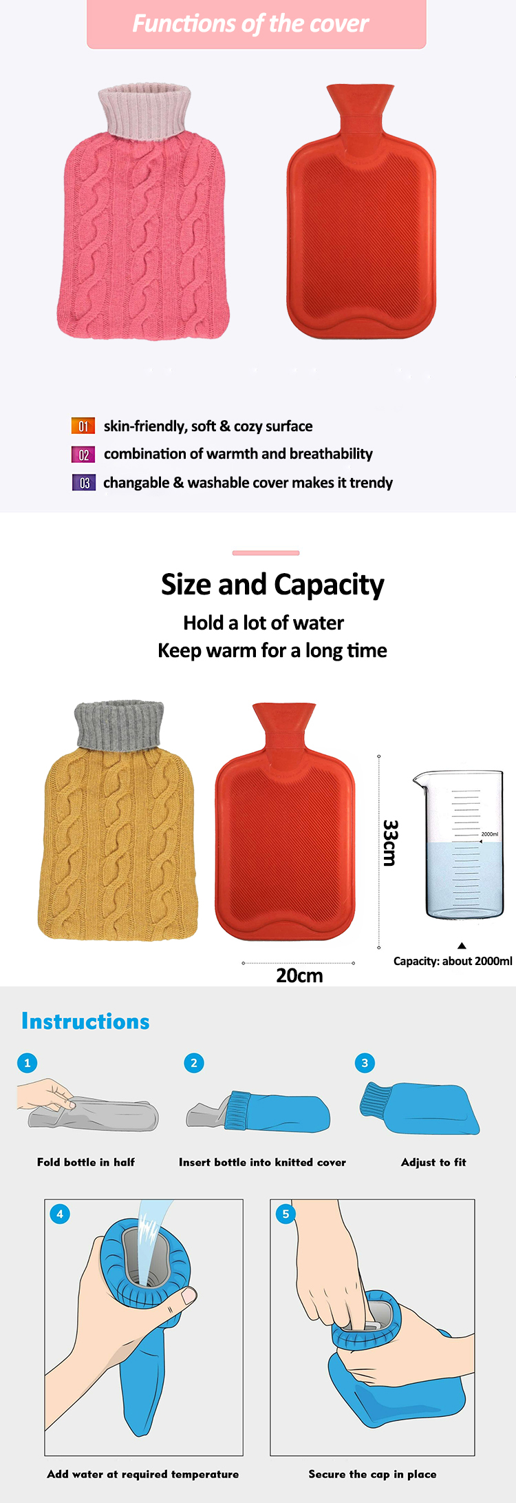 factory wholesale custom reusaber hot water bottles rubber hot water bag with covers