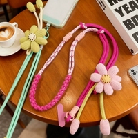 Cordon de téléphone portable universel en nylon tressé bicolore avec motif floral mignon et longue sangle bandoulière