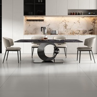 Table à manger rectangulaire en marbre moderne et contemporaine de luxe italienne, base en acier inoxydable brossé doré, écologique, durable, 4 à 8 personnes