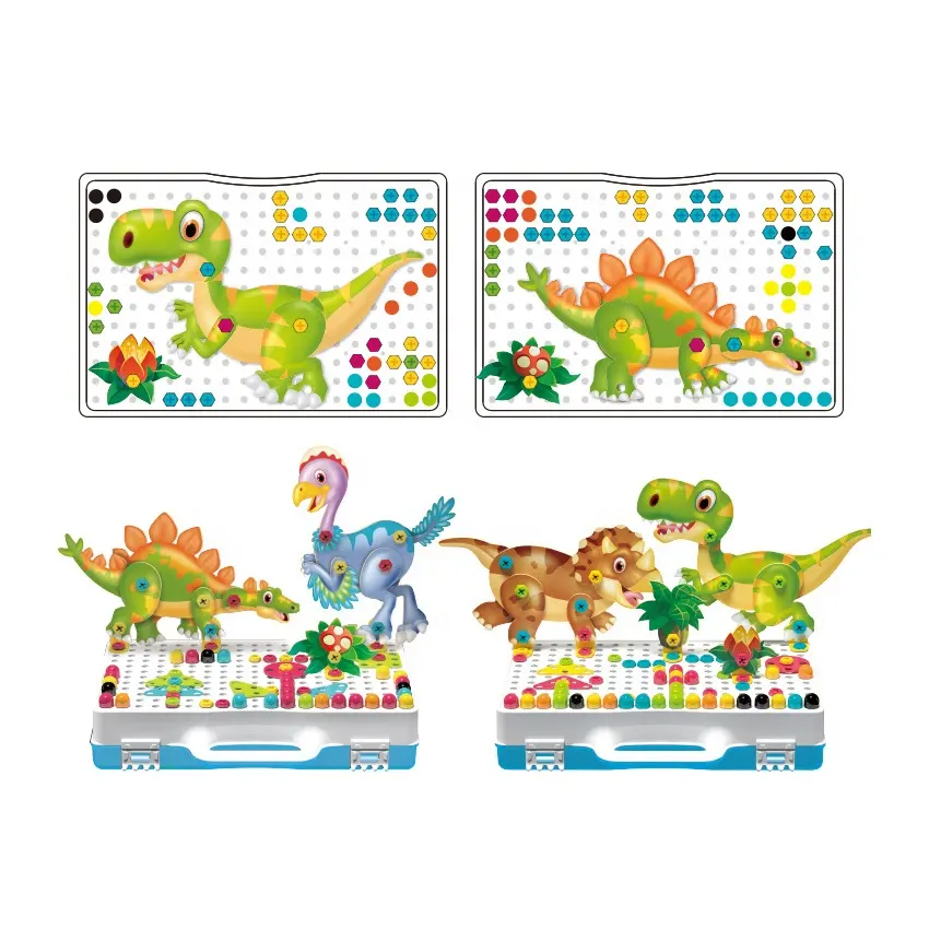 4 in 1 257pcs educational creative 3D dinosaur shape DIY stacking block puzzle set electric drill building toy for kids toddlers