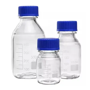 100ml 250ml 500ml 1000ml şeffaf mezun kültür medya şişeleri plastik mavi vidalı kapak ile laboratuvar cam reaktif şişesi