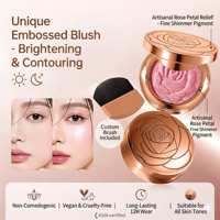 Maquillaje Profesional de Marca Privada, Vegano, Rubor Mineral en Polvo de Alta Pigmentación, Color Oro Rosa, Espejo Compacto, Brocha, Diseño de Rosa Tallada