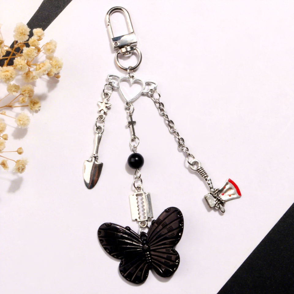 Sweet Gothic Style 3D Butterfly Heart Keychain Pendant - Customizable Metal Alloy Accessories for Ea