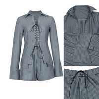 324 vente chaude décontracté mode tenue femmes deux pièces Shorts ensemble rayé à manches longues à lacets chemises Shorts ensemble pour les femmes