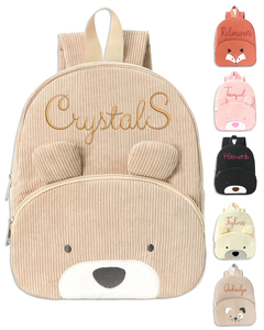 Sac à dos personnalisé en velours côtelé pour tout-petits avec nom brodé, sac d'école mignon personnalisé avec ours pour garçons et filles - Product Image 1