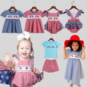 Independence Day Embroidered Dress Flag Embroidered Shirt Red Plaid Shorts Set America's Sweetheart Seersucker Dress