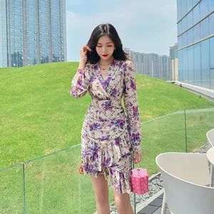 ZYHT 4799 Spring Fall Dresses Ladies Chiffon Floral Printed Long Sleeve One Piece Ruffle Casual Dresses Frocks for Women