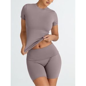 FOXA 2 Piece Yoga Set <b>Crop</b> <b>Top</b> Shorts Spandex Polyester Breathable Crew Neck Summer Workout Gym Pilates Active Wear - Product Image 2