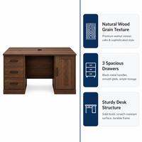 Meuble de rangement de bureau écologique en noyer avec tiroirs, finition grain de bois, poste de travail informatique exécutif moderne et minimaliste pour maison et villa