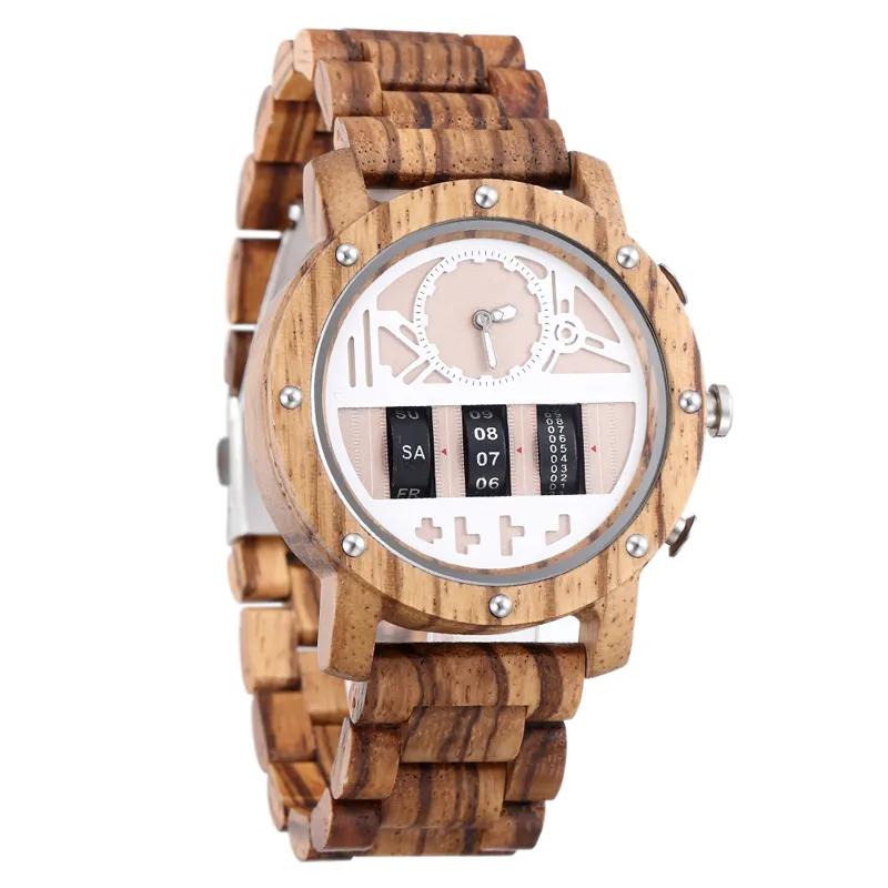 SOPEWOD High Quality Mens Multifunctional Sport Wooden Wrist Watches Expensive Chronograph Calendar Wood Bracelet Watches