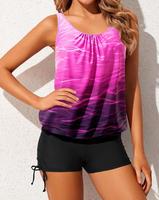 Top Tankini Bluson para Mujer, Sin Parte Inferior, Corte Holgado, Diseño Color Block, Chifón, 1 Pieza, Relleno Extraíble, Talla XX-Large