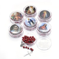 Parfum de rose rouge perle en bois pendentif croix sainte Maria Center collier fait main chapelet catholique avec boîte